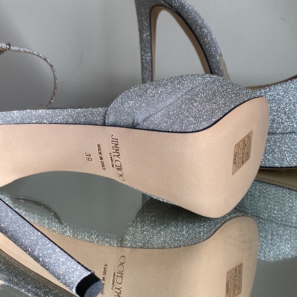 Jimmy Choo Max 150 Metallic Silver Glitter Fabric Platform Stiletto Sandals 39 - Picture 15 of 15